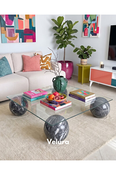 Velura Home & Living Küre Orta Sehpa - Venato Mermer - Kare Şeffaf
