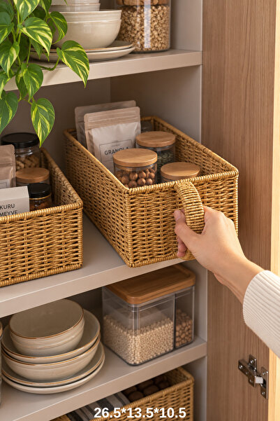 Chefstar HASIR GÖRÜNÜMLÜ RATTAN KULPLU DÜZENLEYİCİ SEPET 26,5 X 13,5 X 10,5 C...