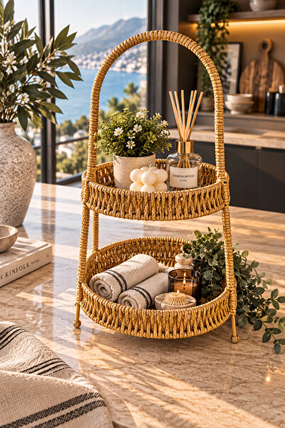 Chefstar HASIR GÖRÜNÜMLÜ RATTAN OVAL 2 KATLI DÜZENLEYİCİ SEPET KULPLU DEKORAT...