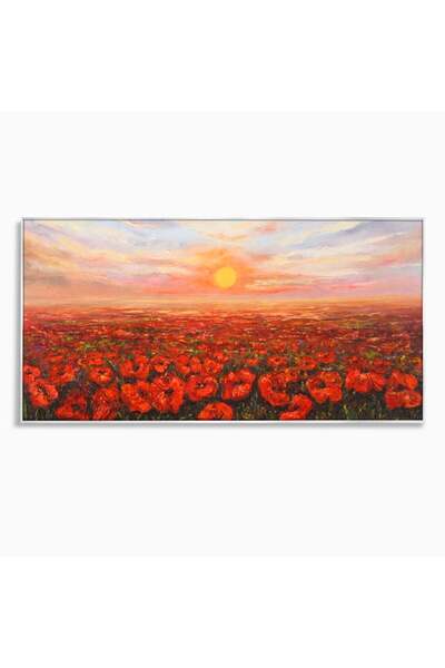 Luxcanva Tablou Canvas Campul Cu Maci 140x70 cm cu Rama Argintiu Living Flori...