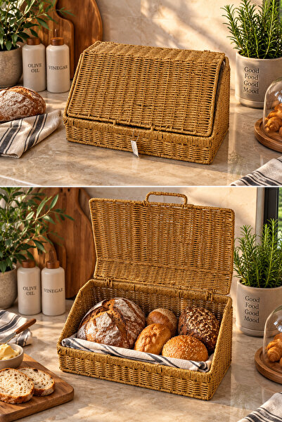 Chefstar HASIR GÖRÜNÜMLÜ RATTAN KAPAKLI EKMEKLİK DİKDÖRTGEN MUTFAK TEZGAH ÜST...