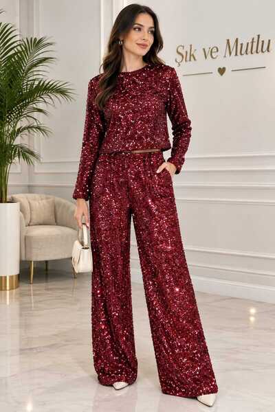 ŞIK VE MUTLU Burgundy Sequined Top and Bottom Set
