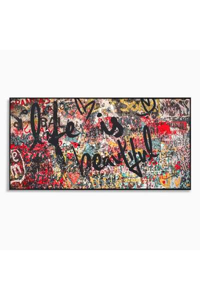 Luxcanva Tablou Canvas Life Is Beautiful 140x70 cm cu Rama Negru Inimi Decora...