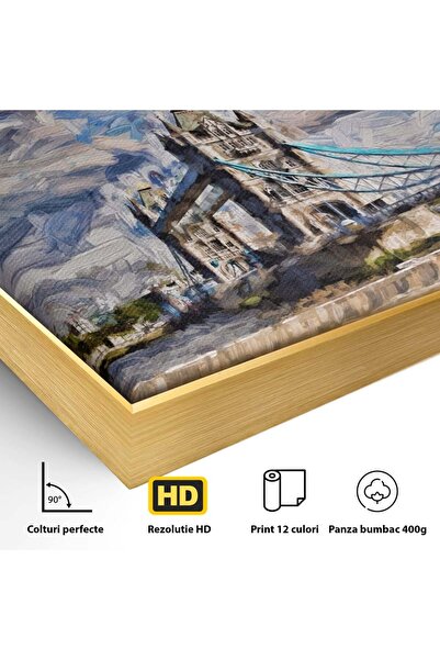 Luxcanva Tablou Canvas Tower Bridge 140x140 cm cu Rama Auriu Pod Londra Steag