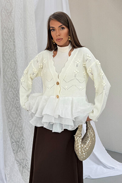 Hatun Atila Γυναικεία ζακέτα πλεκτή με χρυσά κουμπιά, με φλοράλ ανάγλυφο σχέδ...