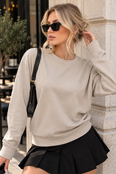 RuyaMood Kadın Bej Sweat Modal Kumaş Oversize Basic Bisiklet Yaka Sweatshirt