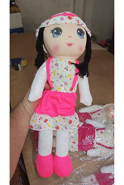 Bengi Store Sevimli Peluş Bez Bebek 50 cm - Örgü Saçlı Meyve Desenli Elbiseli Bez Bebek