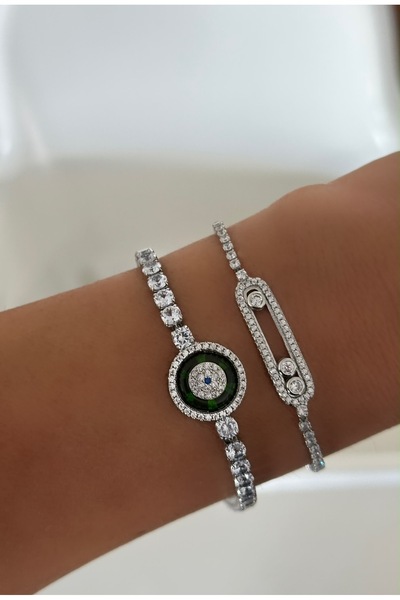 Zirkon Taşlı Su Yolu Bileklik Zümrüt Yeşil Mineli 19+2 cm Silver Bileklik