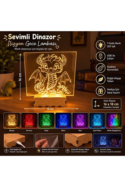 ŞEFFAF İLİZYON LED GECE LAMBASI SEVİMLİ DİNAZOR GÖRSELİ 16x18 CM