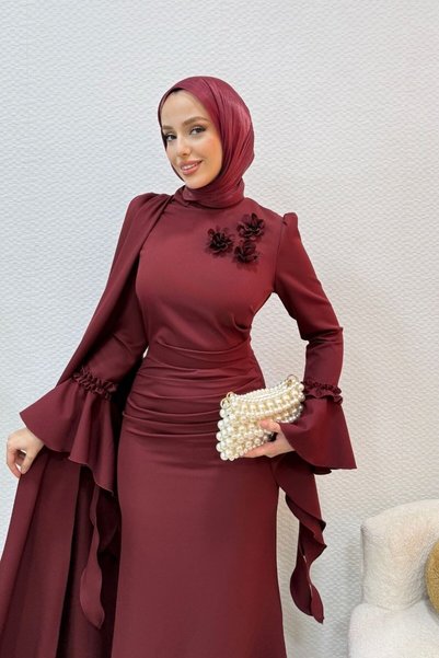 Şule Giyim Dabıl Güllü Abiye Bordo