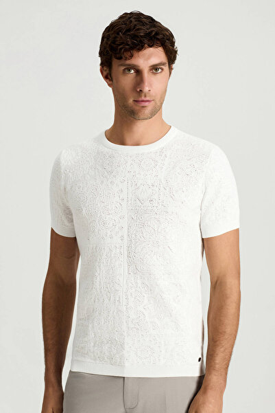 Hemington Saf Pamuk Paisley Desen Bisiklet Yaka Beyaz Triko T-Shirt