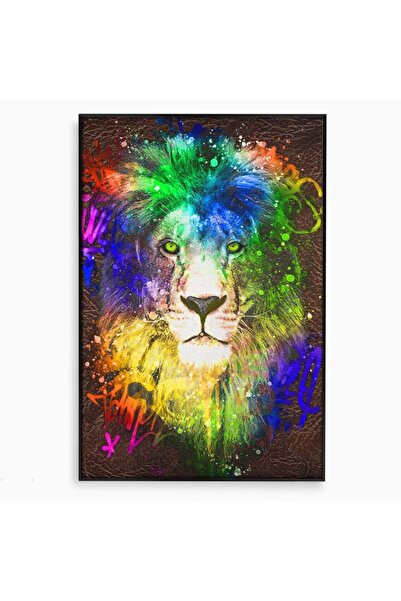 Luxcanva Tablou Canvas Leu Colorat 70x100 cm cu Rama Negru Multicolor Regele ...