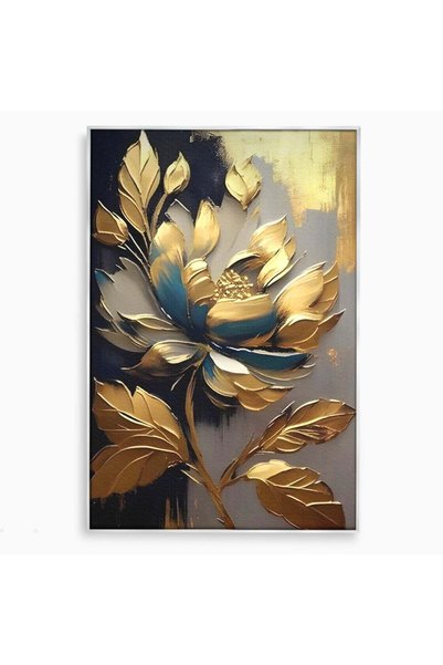 Luxcanva Tablou Canvas Gold Flowers 50x70 cm cu Rama Argintiu Living Floare A...