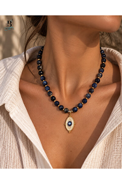 B BOSEA NATURAL Doğal Lapis Lazuli Taşı Kolye Nazar Boncuklu Çelik Uç ve Kapa...