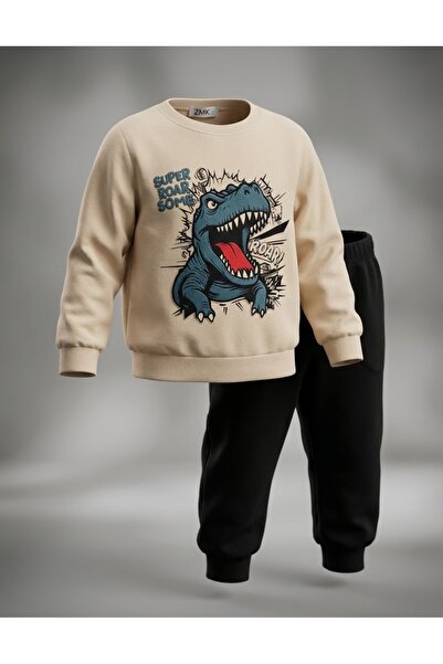 Erkek Çocuk 2-3/3-4/4-5/5-6/6-7 Yaş /3 İplik Pamuklu Şardonlu Kalın Dinazor Baskılı Uzun Kollu Beli Latikli Eşofman Altı 2'li Takım/Sweatshirt Alt Üst Takım/Anaokulu Eşofman Takımı/Üç İplik Eşofman