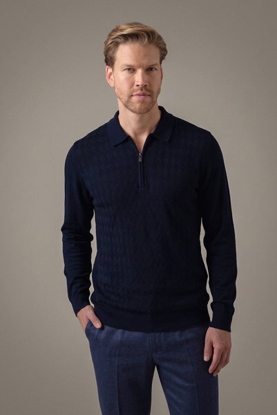 Hemington Extrafine Merino Mini Argyle Desen Lacivert Fermuarlı Polo Triko