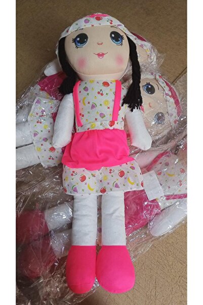 Bengi Store Sevimli Peluş Bez Bebek 50 cm - Örgü Saçlı Meyve Desenli Elbiseli Bez Bebek