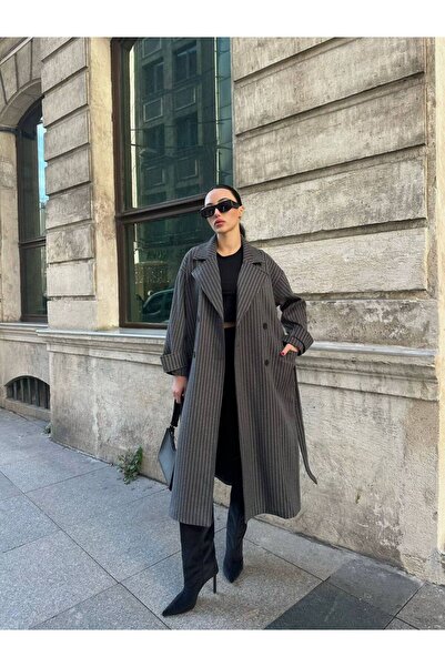 manana fashion معطف نسائي طويل بحزام وياقة مزدوجة الصدر باللون الرمادي