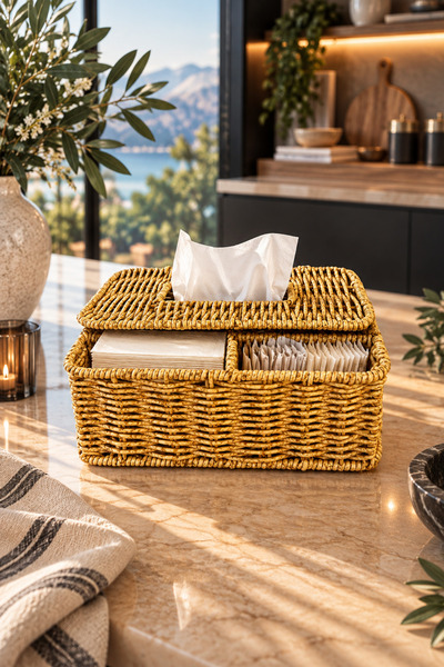 Chefstar HASIR GÖRÜNÜMLÜ RATTAN PEÇETELİK VE DÜZENLEYİCİ ÇOK BÖLMELİ MASA ÜST...