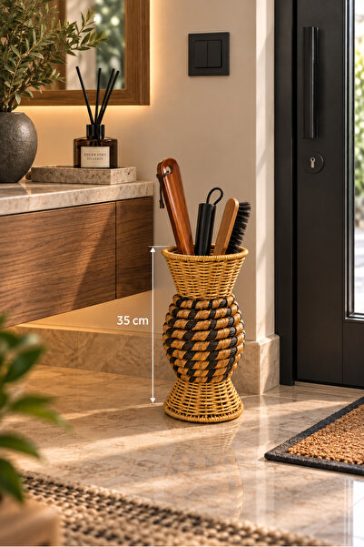 Chefstar HASIR GÖRÜNÜMLÜ RATTAN ŞEMSİYELİK\VAZO 35 CM AYAKLI DEKORATİF ŞEMSİY...