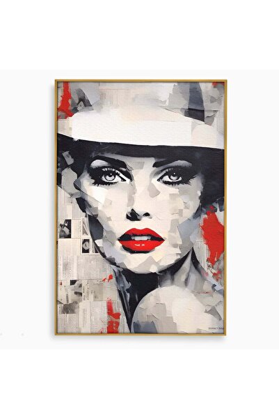 Luxcanva Tablou Canvas Madame 100x150 cm cu Rama Auriu Room Buze Rosii Palarie