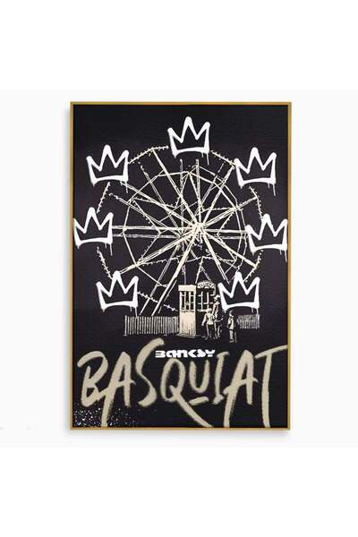 Luxcanva Tablou Canvas Basquiat Black 50x70 cm cu Rama Auriu Room Graffiti Samo