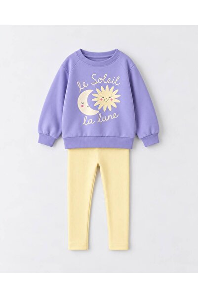 YİGİT BUTİK Kız Çocuk Güneş Ay Baskılı Sweatshirt Tayt Alt Üst Takım