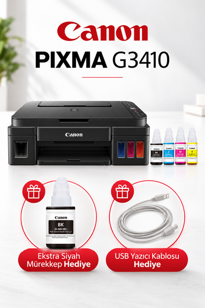 Canon PIXMA G3410 Wi-Fi Tanklı Yazıcı + Ekstra Siyah Mürekkep + Yazıcı Kablos...