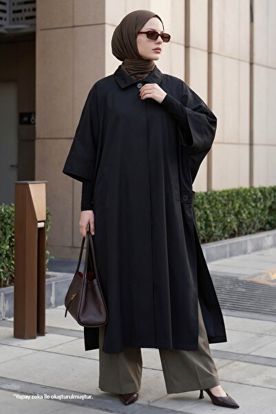 InStyle Poncho Model Half Sleeve Lined Black Trench Coat