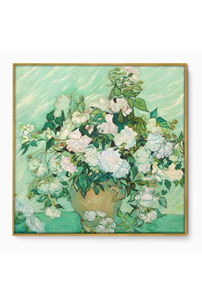 Luxcanva Tablou Canvas Trandafiri Albi 70x70 cm cu Rama Auriu Living Vaza Flori