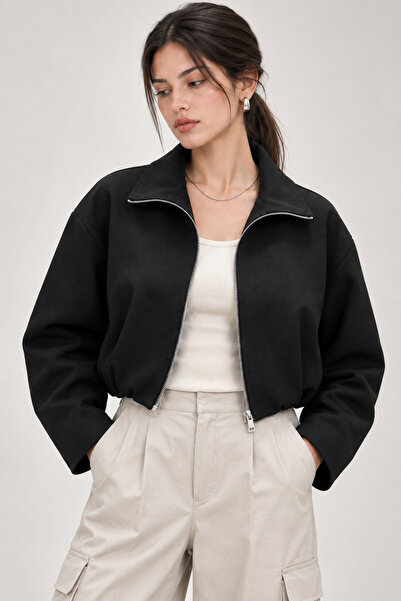 Mixray 4974 Women's Stand Collar Elastic Waist Zippered Bomber Jacket Black