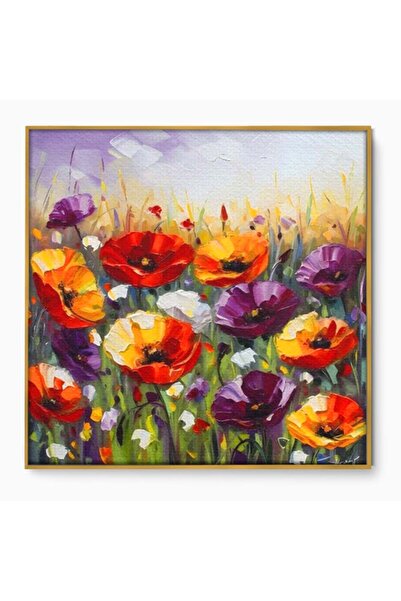 Luxcanva Tablou Canvas Campul Cu Flori 90x90 cm cu Rama Auriu Dormitor Maci C...