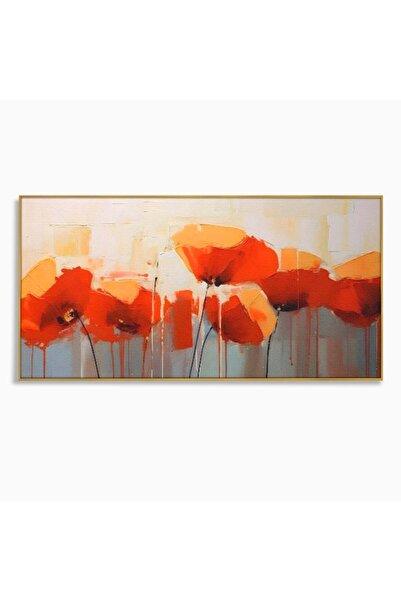 Luxcanva Tablou Canvas Red Flowers 100x50 cm cu Rama Auriu Dormitor Maci Pictura