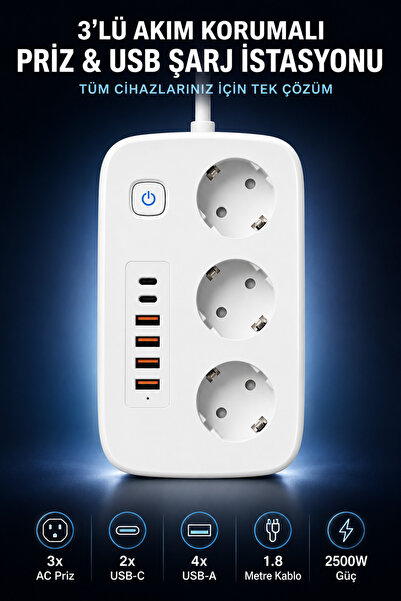 RAYLAX 3’lü Akım Korumalı Çoklu Priz 2500W 2 USB-C 4 USB-A Hızlı Şarj 1.8 Met...