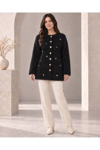 HIRA CO. Women's Crew Neck Pearl and Stone Embellished Copper Buttoned Long S...