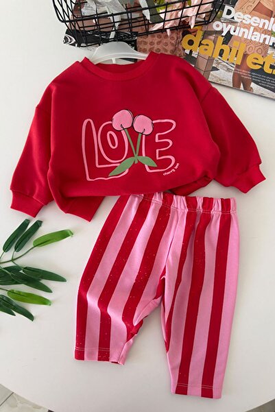 Minigimin Cicileri طقم بناتي مكون من قطعتين بطبعة Love Cherry - أحمر