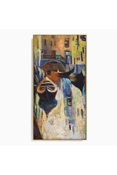 Luxcanva Tablou Canvas Gondola 50x100 cm cu Rama Auriu Pod Barci Case
