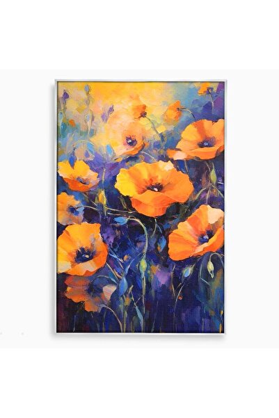 Luxcanva Tablou Canvas Inflorire Portocalie 50x70 cm cu Rama Argintiu Maci Fl...