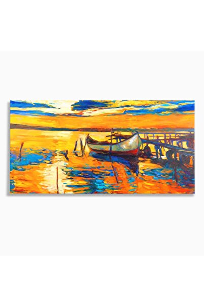 Luxcanva Tablou Canvas Barca La Apus 100x50 cm pe Sasiu Lemn Ponton Portocali...