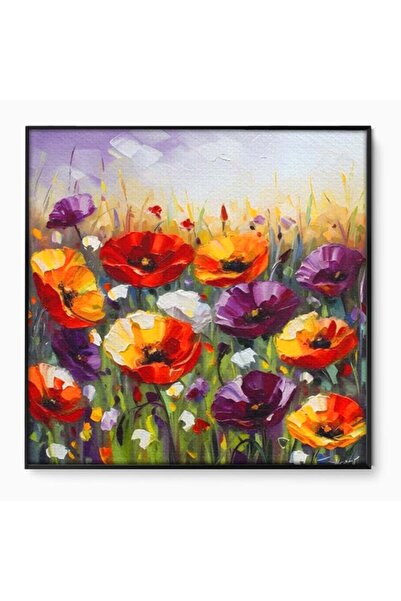 Luxcanva Tablou Canvas Campul Cu Flori 140x140 cm cu Rama Negru Dormitor Maci...