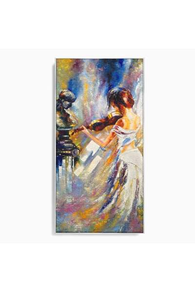 Luxcanva Tablou Canvas Fata Cu Vioara 50x100 cm cu Rama Argintiu Dormitor Fem...