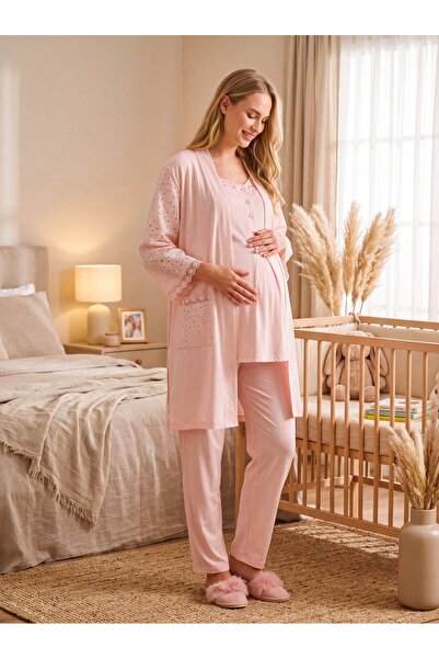 Lohussa New Season Powder Scallop Linen Detailed Breastfeeding Compatible Des...