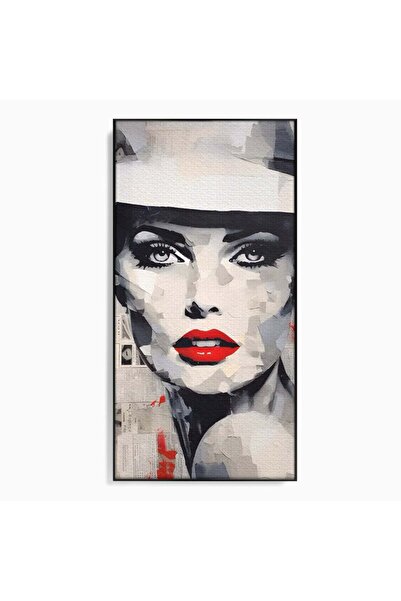 Luxcanva Tablou Canvas Madame 70x140 cm cu Rama Negru Room Buze Rosii Palarie