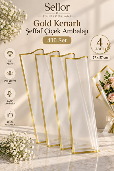 Sellor Gold Kenarlı Şeffaf Çiçek Buket Ambalajı 57x57 cm 4’lü Set Çiçek Paket...