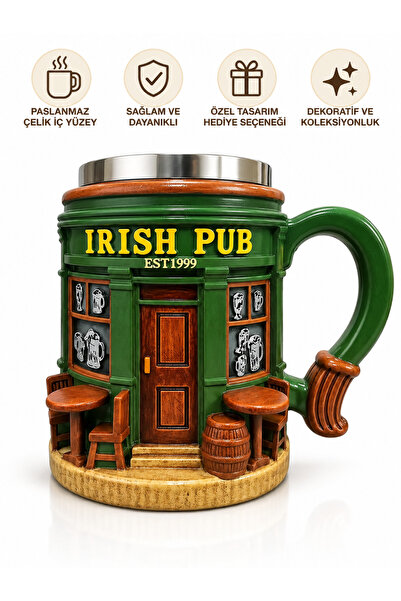 Partenya Irish Pub Tasarımlı 300 ml Kupa – 304 Paslanmaz Çelik İç Hazne, 3D B...