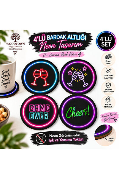 kids town Woodtown 4-Piece Neon-Look Coasters 3 mm Mdf Uv Printed Colorful De...