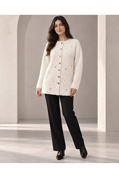 HIRA CO. Women's Crew Neck Pearl and Stone Embellished Copper Buttoned Long S...