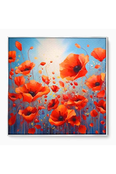 Luxcanva Tablou Canvas Campul Cu Maci 70x70 cm cu Rama Argintiu Room Natura P...