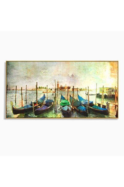 Luxcanva Tablou Canvas Barci In Port 140x70 cm cu Rama Auriu Peisaj Gondola Mare