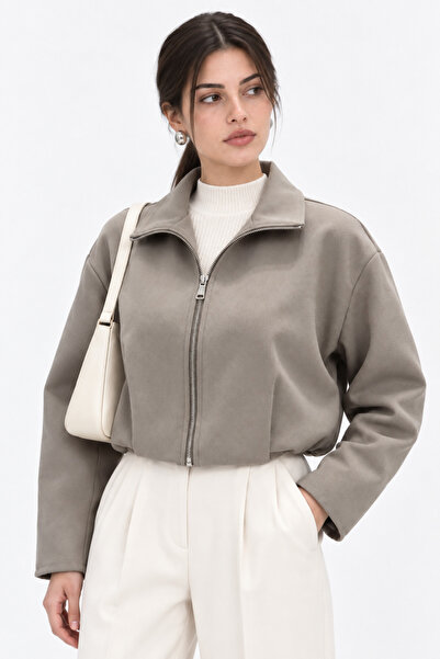 Mixray 4974 Women's Stand Collar Elastic Waist Zippered Bomber Jacket Sand Beige
